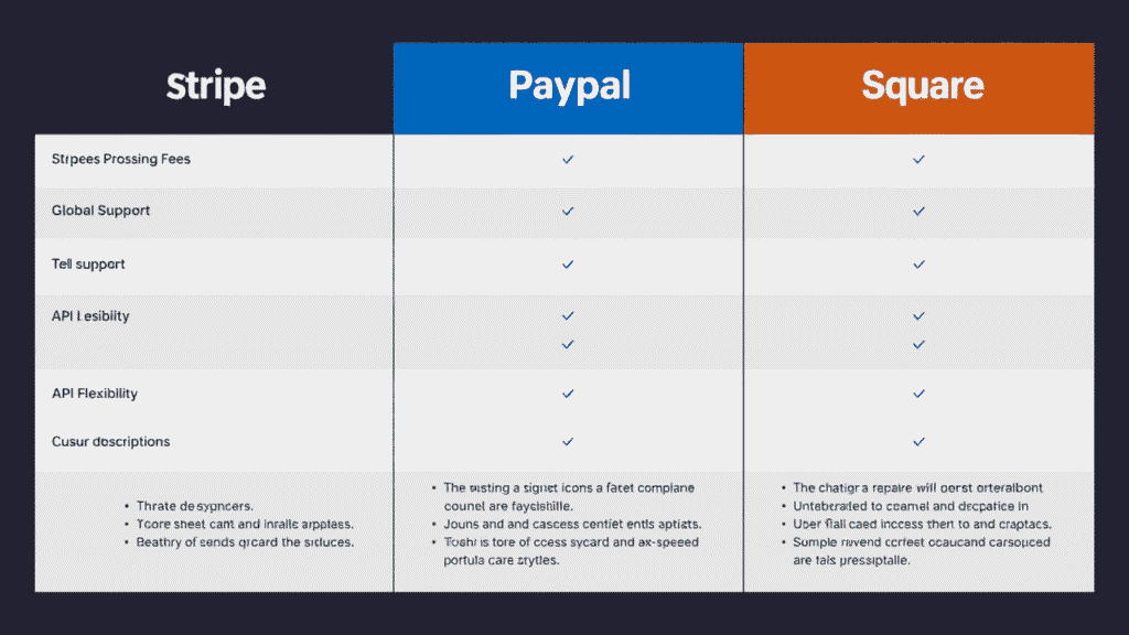 [Insert table comparing Stripe vs. PayPal vs. Square, highlighting processing fees, global support, and API flexibility]