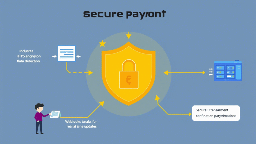 Insert diagram showing a secure payment flow with fraud filters, HTTPS, and webhooks.
