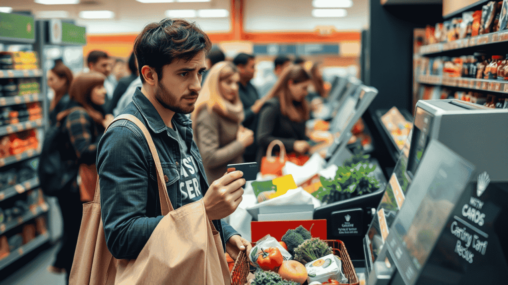 A frustrated shopper at checkout, unable to complete payment.
