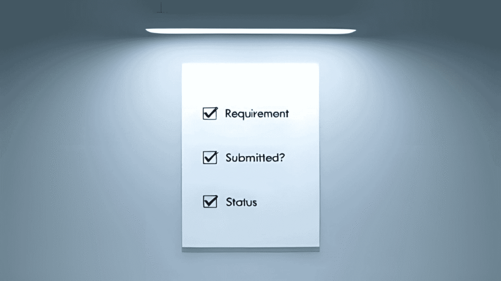 visual: Checklist table showing columns: “Requirement” | “Submitted?” | “Status.”